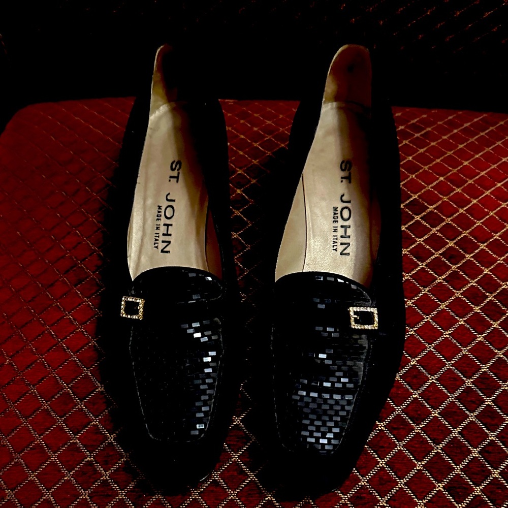 St. John Black Loafers with Gold Buckle